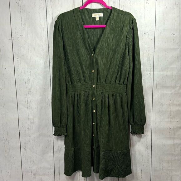 Michael Michael Kors Green Crinkle Button Front Dress Long Sleeve Textured Midi - Picture 5 of 16
